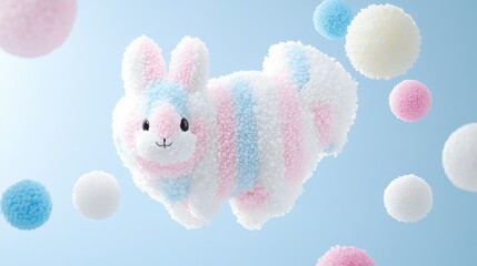 Wall Mural - Fluffy pastel pink and blue bunny toy floats in a soft light blue background surrounded by pastel pom-poms.