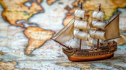 model ship on antique world map, sails full, evokes exploration and discovery.