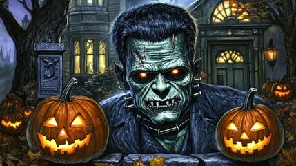 Wall Mural - Frankenstein monster Halloween display with pumpkins and spooky house.