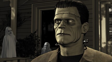 Sticker - Frankenstein monster on a porch, surrounded by ghostly figures.