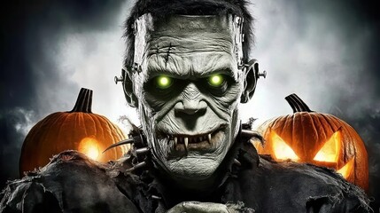 Sticker - Frankenstein monster with glowing eyes and jack-o'-lanterns.