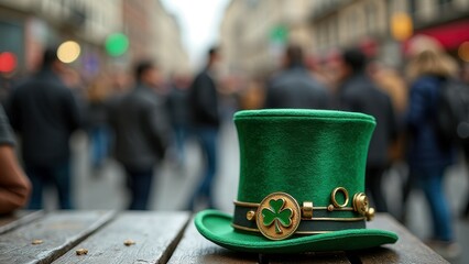 Wall Mural - Green leprechaun hat on wooden table in lively street scene