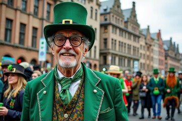 Wall Mural - Elderly caucasian male in green outfit celebrating st. patrick's day parade