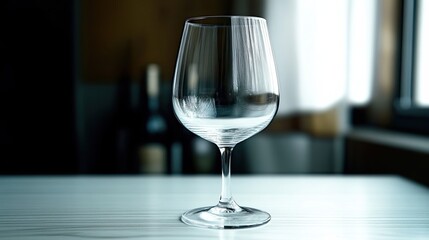 Poster - Elegant Curves of an Empty Wine Glass on a Pristine Table With Soft Light Reflections