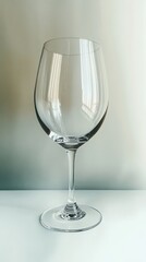 Poster - Empty Wine Glass Reflecting Light on a Pristine White Table Surface in Soft Ambient Surroundings