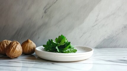 Poster - Fresh Bitter Herbs Displayed Elegantly on a Simple Plate Against a Smooth Gray Backdrop