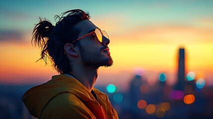 Canvas Print - Contemplative Moment at Sunset Overlooking Cityscape with Warm Colors and Tranquil Vibes.