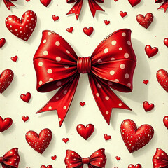 Wall Mural -  pattern with red bows and red hearts