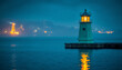 © Colors of Earth Co. - Harbor Lighthouse in Blue Twilight - Business Leadership and Strategic Direction Symbolism for Professional Marketing