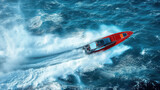Red speedboat racing on rough sea during offshore championship