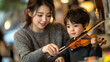 © Avelino - Mother teaching her young son to play the violin in a warm and familial setting. Generated with AI.