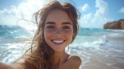 Smiling woman selfie beach.