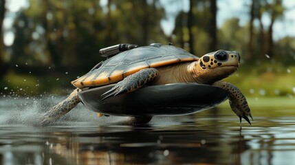 Wall Mural - Futuristic turtle speeding across a pond in a nature setting.