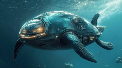 Wall Mural - Futuristic turtle submarine underwater.