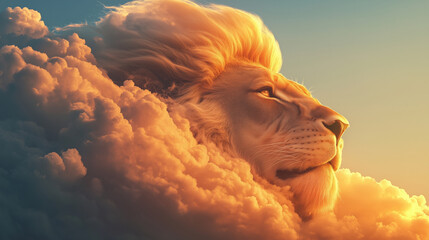 Wall Mural - A fluffy cloud resembling a majestic lionÃ¢ÂÂs head with a flowing mane, illuminated by the golden sunset
