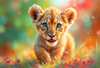 Wall Mural - Cute little lion cub in the meadow with flowers. Little predator.