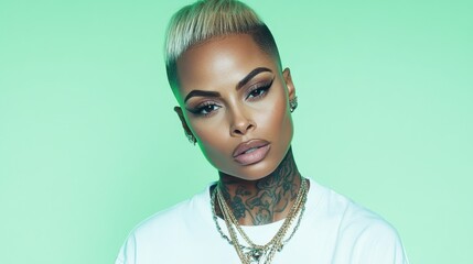 Wall Mural - A woman with a shaved head and tattoos on her neck and arms. She is wearing a white shirt and a gold necklace