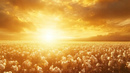 Canvas Print - Golden sunset over a vast cotton field, soft light illuminating the fluffy white blossoms.