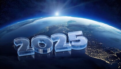 Poster - Futuristic Glass 2025 Letters Superimposed on Earth
