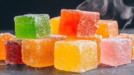 Colorful translucent jelly cubes with powdered sugar, steam rising, on a slate surface, creating a vibrant and inviting sweet treat display in a captivating food composition.