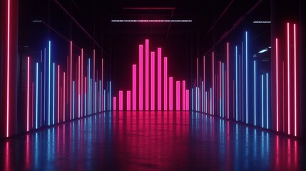 Aufkleber - Abstract digital soundwave in a modern neon studio showcasing vibrant pink and blue vertical lights with a sleek dark reflective floor and a tech-inspired atmosphere