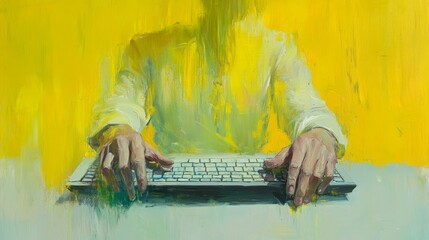 Poster - Abstract Representation of a Person Typing on Keyboard Against a Bright Yellow Background, Symbolizing Digital Communication and Modern Technology