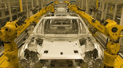 Aufkleber - Advanced robotic automation in modern automotive manufacturing facility showcasing robotic arms assembling vehicle frames with precision and efficiency, highlighting industry innovation
