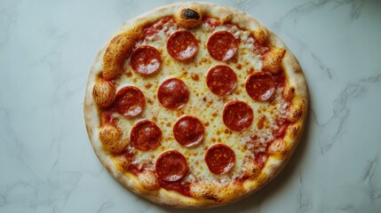 Delicious Pepperoni Pizza on Marble Tabletop - Top View