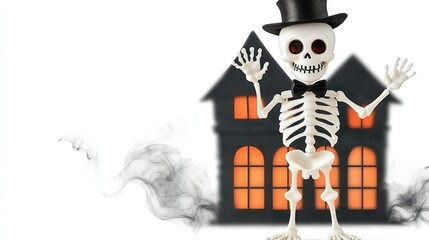 Wall Mural - Halloween skeleton figure in front of haunted house, smoke rising.