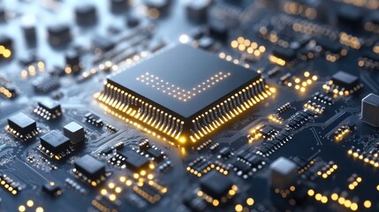 abstract futuristic background showcasing a circuit board design with intricate patterns of microchips, processors, and digital component