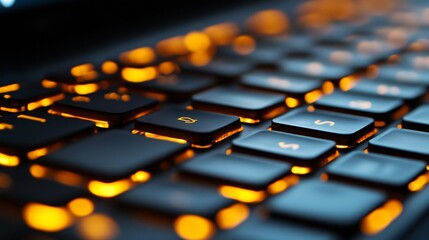 Aufkleber - Close-Up View of Illuminated Keyboard with Warm Orange Backlighting Showcasing Modern Technology and Digital Interaction for Creative Projects