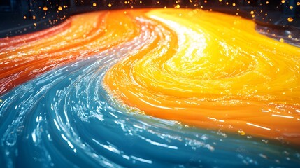 Fototapete - Vivid Abstract Flow of Colors in Motion, Capturing the Dynamic Swirl of Blue, Orange, and Yellow Liquid in a Creative Artistic Representation