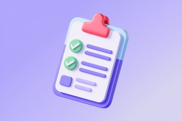 Fototapete - 3D rendered checklist clipboard with checkmarks indicating task completion.