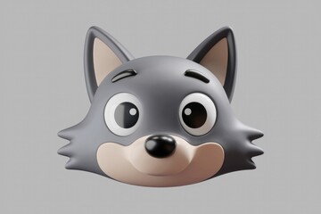 Poster - Adorable 3D model of a cartoon wolf's face with big eyes and a friendly expression.