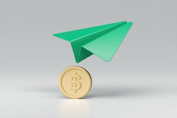 Aufkleber - Green paper plane flying over a gold dollar coin, symbolizing financial growth and investment.