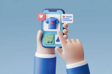 Poster - Person using mobile app to shop for a blue t-shirt with a ribbon, showing e-commerce features.