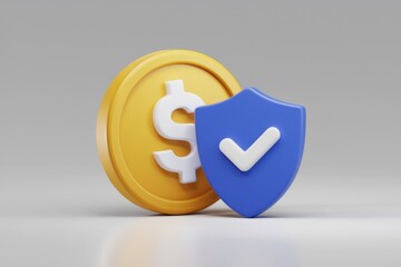 Poster - 3D render of a gold coin with a dollar sign and a blue shield with a checkmark, symbolizing financial security.
