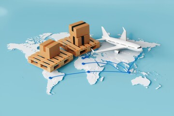 Poster - Global air freight shipping concept; cardboard boxes on pallets and airplane on world map.