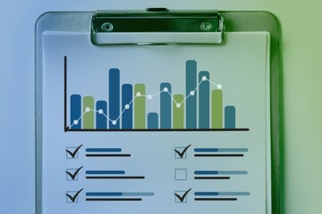 Aufkleber - Clipboard with bar graph, line graph, and checkboxes showing progress and data analysis.