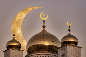 Poster - Golden domes of a mosque under a crescent moon, symbolizing Islamic faith and spirituality.