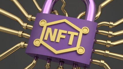 Poster - NFT security concept: A padlock integrated with a microchip symbolizes the secure and protected nature of NFTs.