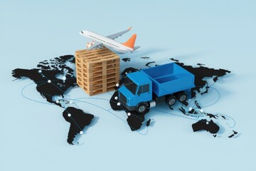 Poster - Global logistics and transportation, showcasing air and road freight delivery across continents.