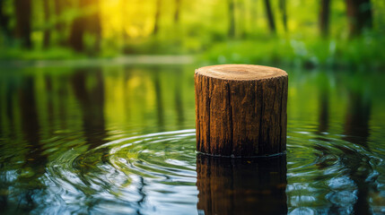 Poster - Truncated, A tranquil pond scene featuring a rustic wooden post, ideal for nature-themed projects and serene imagery.