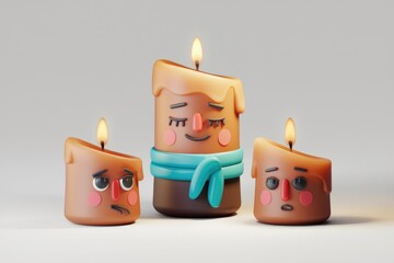 Poster - Three cute cartoon candles with different emotions, one wearing a scarf.