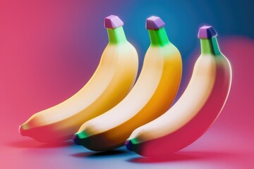 Poster - Three vibrant bananas with purple and green tops arranged in a row against a pink and blue gradient background.