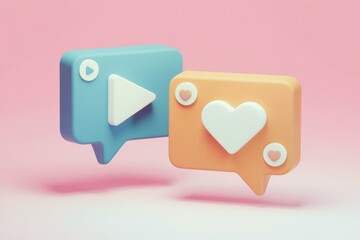 Poster - 3D render of pastel-colored speech bubbles with play and heart icons, symbolizing social media interaction and love.