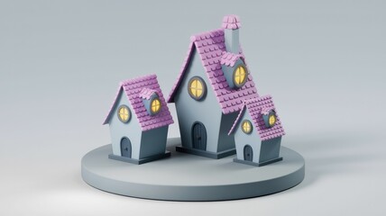 Aufkleber - Three cute cartoon houses with purple roofs sit on a gray platform.