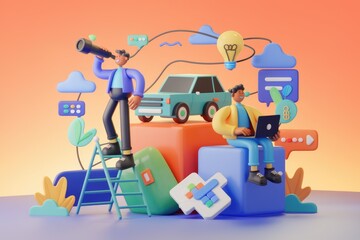 Poster - Two 3D characters, one exploring opportunities with a telescope, the other working on a laptop, surrounded by tech and car imagery.