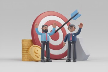 Poster - Two businessmen celebrating achieving their financial target, symbolized by a dart hitting a bullseye.