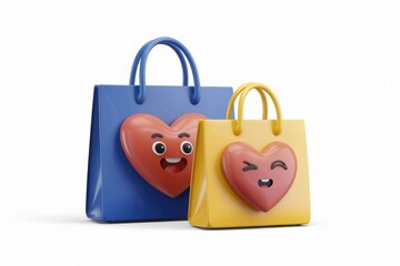 Poster - Two cute shopping bags with happy heart faces, perfect for Valentine's Day or gift-giving.